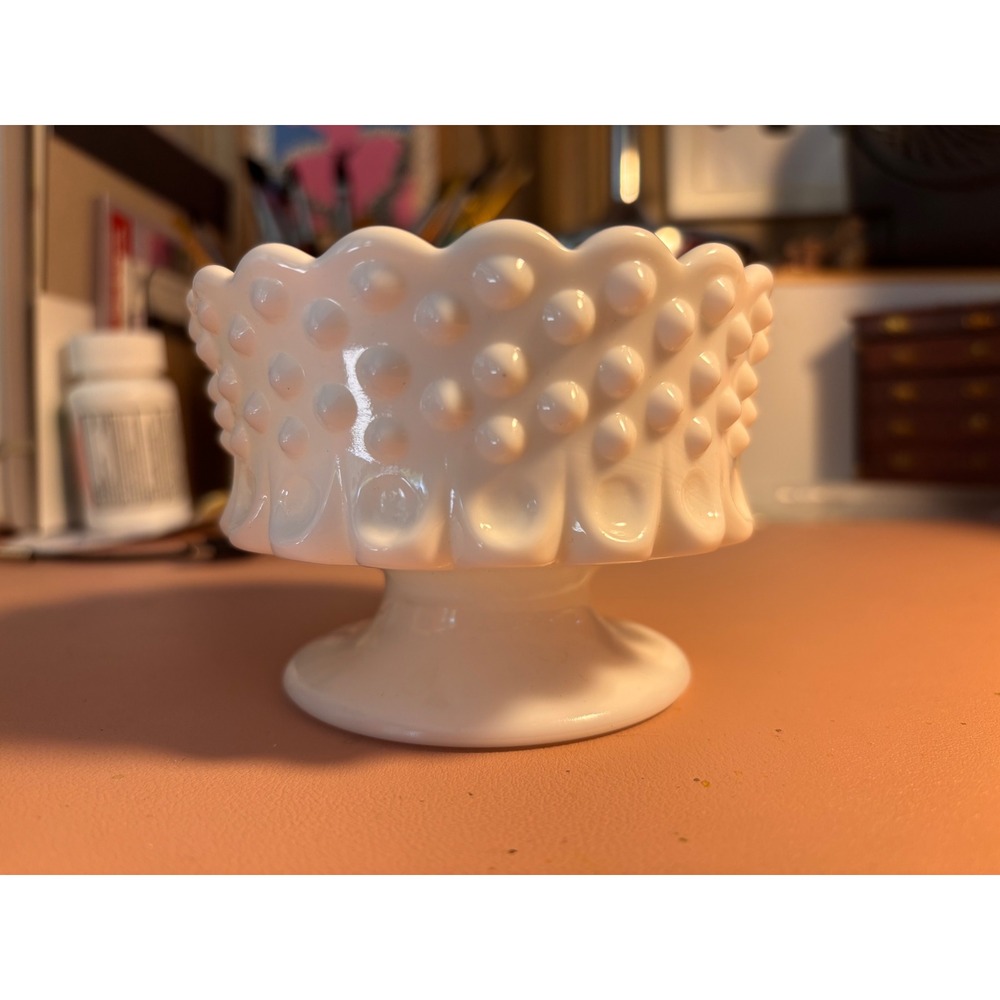 Fenton Milk Glass Hobnail Scalloped Footed Taper Candle Holder White Vintage